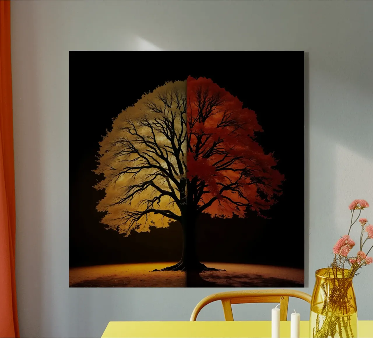 Tree showcasing seasonal transformation with contrasting art acrylic glass by DesignDoodle