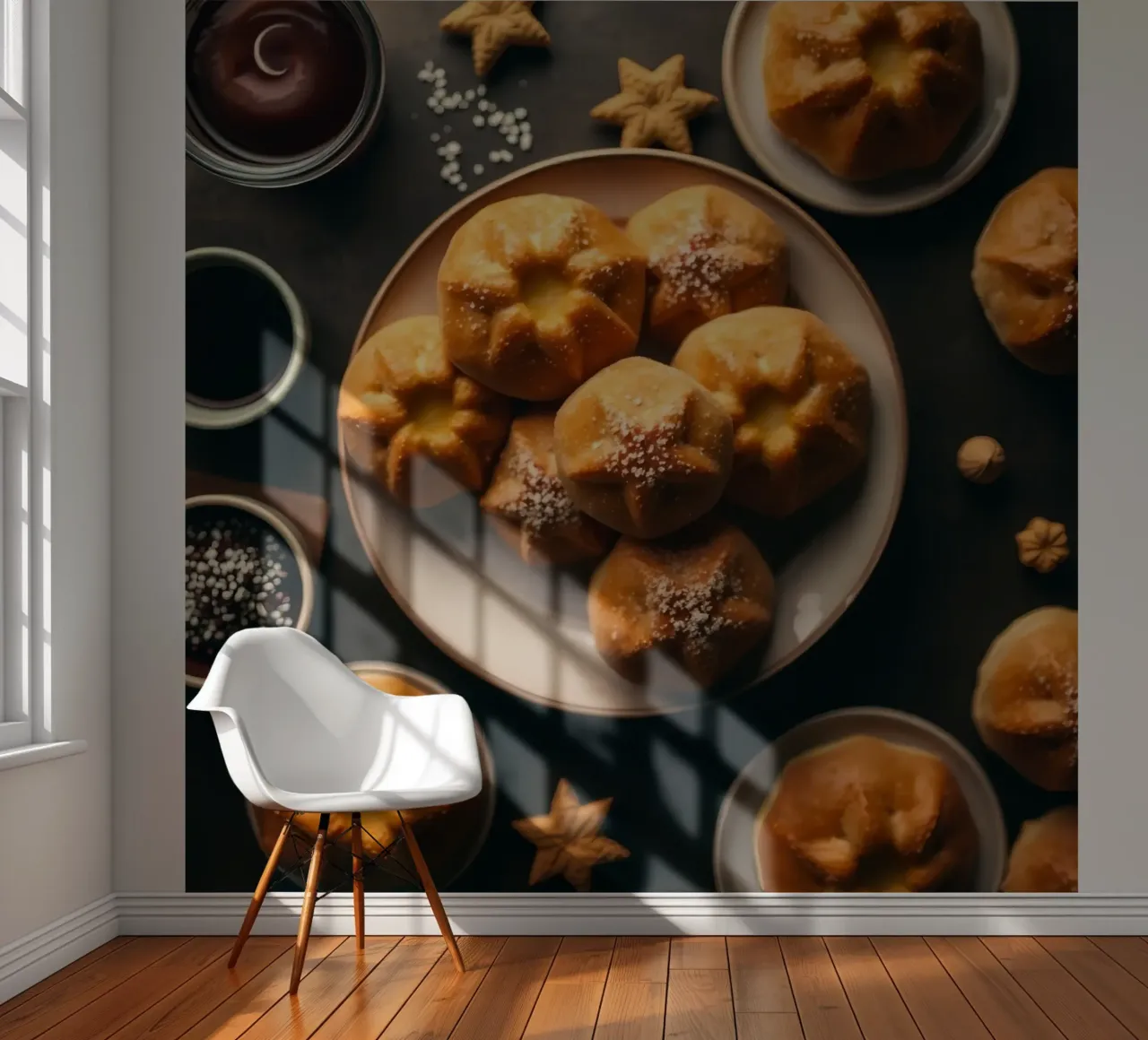 Leckere Backwaren auf einem Tisch mit dekorativen Elementen Fototapete von DesignDoodle