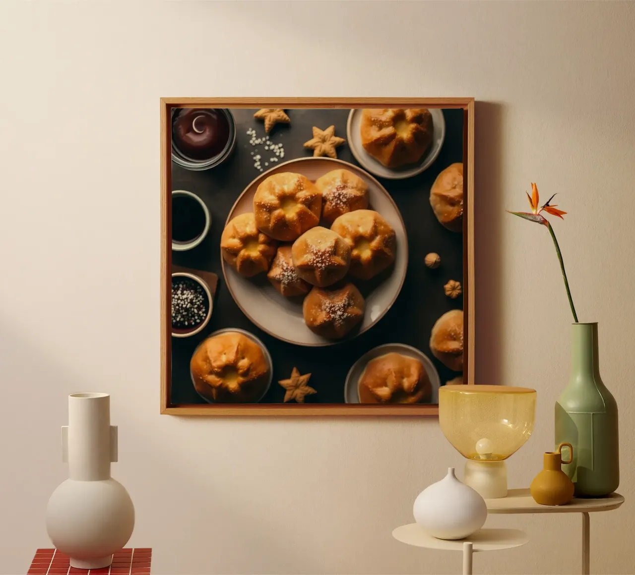 Delicious baked goods on a table with decorative elements canvas with Floater frame by DesignDoodle
