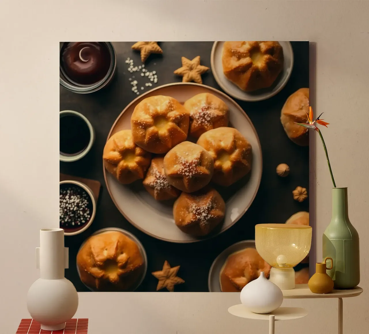 Delicious baked goods on a table with decorative elements canvas with Floater frame by DesignDoodle
