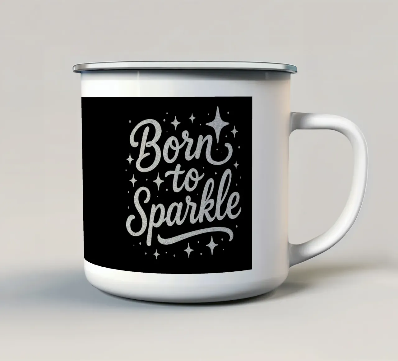 Message "Born to sparkle" en lettres argentées brillantes mug en émail de DesignDoodle