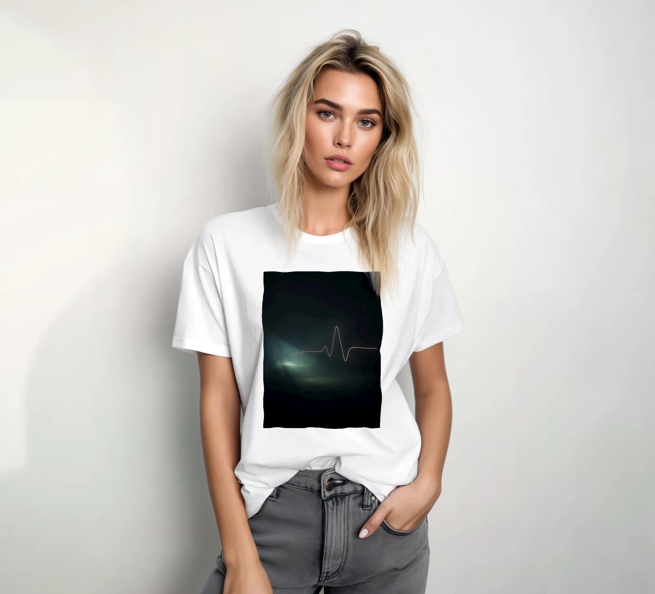 Light trails create a pulse waveform effect in a dark atmos t-shirt by DesignDoodle