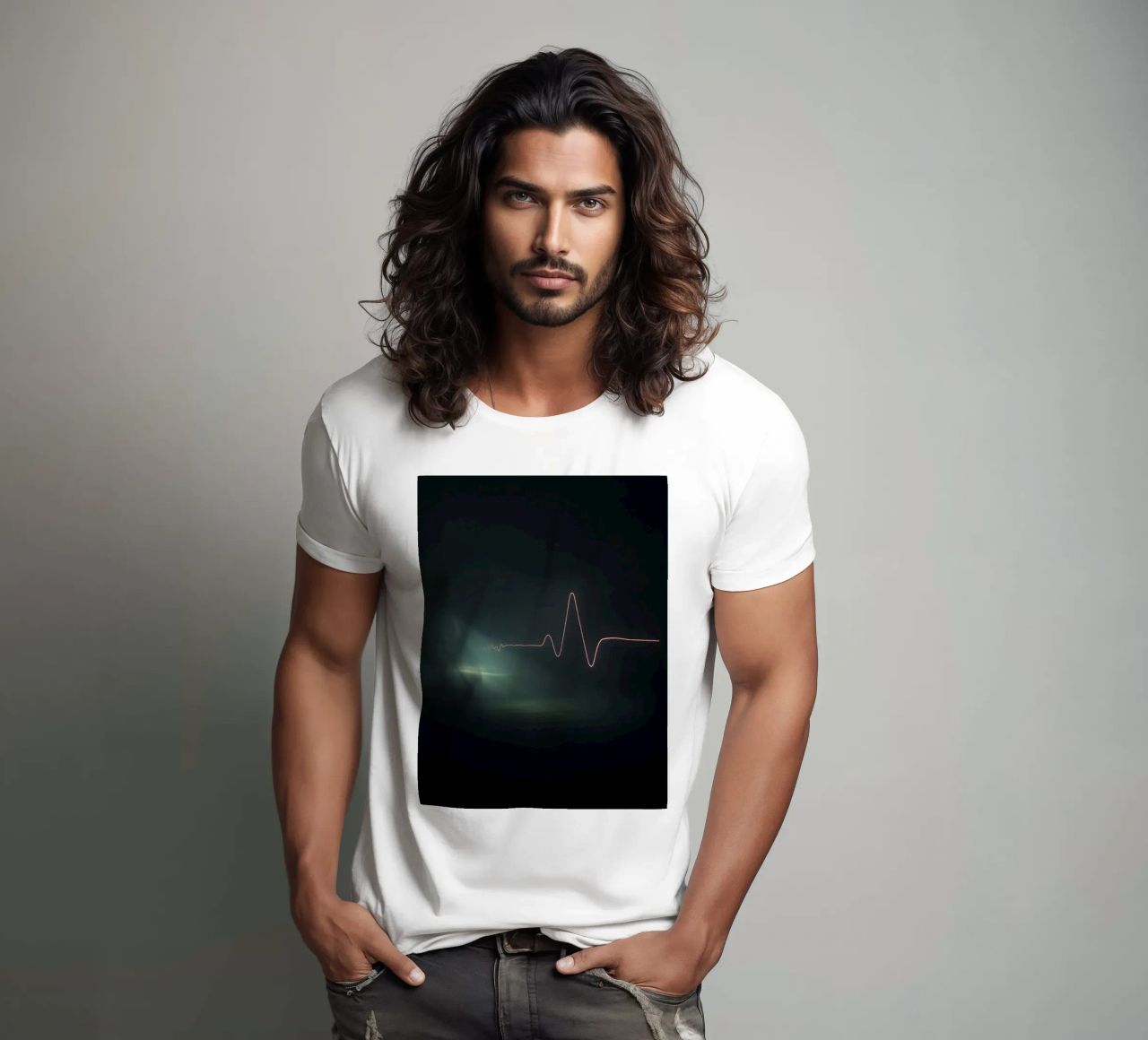 Light trails create a pulse waveform effect in a dark atmos t-shirt by DesignDoodle