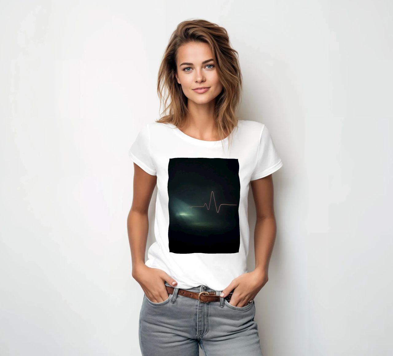 Light trails create a pulse waveform effect in a dark atmos women's fitted t-shirt by DesignDoodle