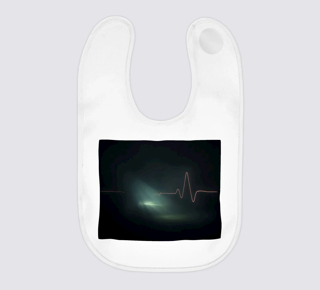 Light trails create a pulse waveform effect in a dark atmos baby bib by DesignDoodle