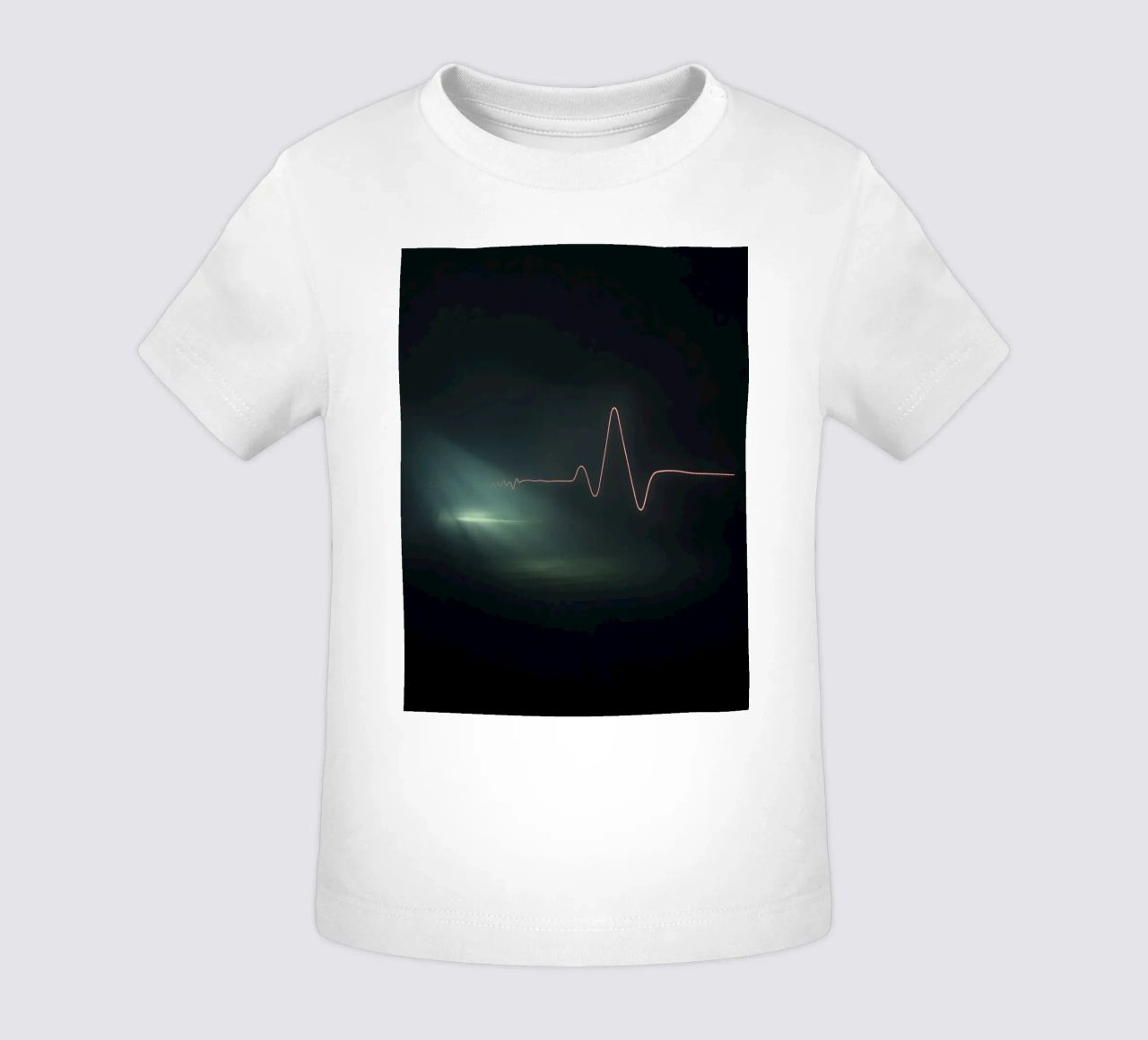 Light trails create a pulse waveform effect in a dark atmos baby t-shirt by DesignDoodle