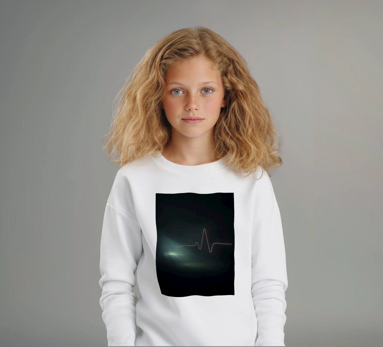 Light trails create a pulse waveform effect in a dark atmos kids sweatshirt by DesignDoodle