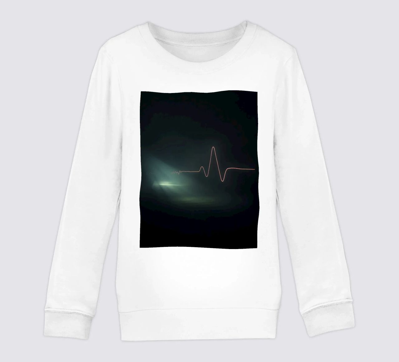 Light trails create a pulse waveform effect in a dark atmos kids sweatshirt by DesignDoodle