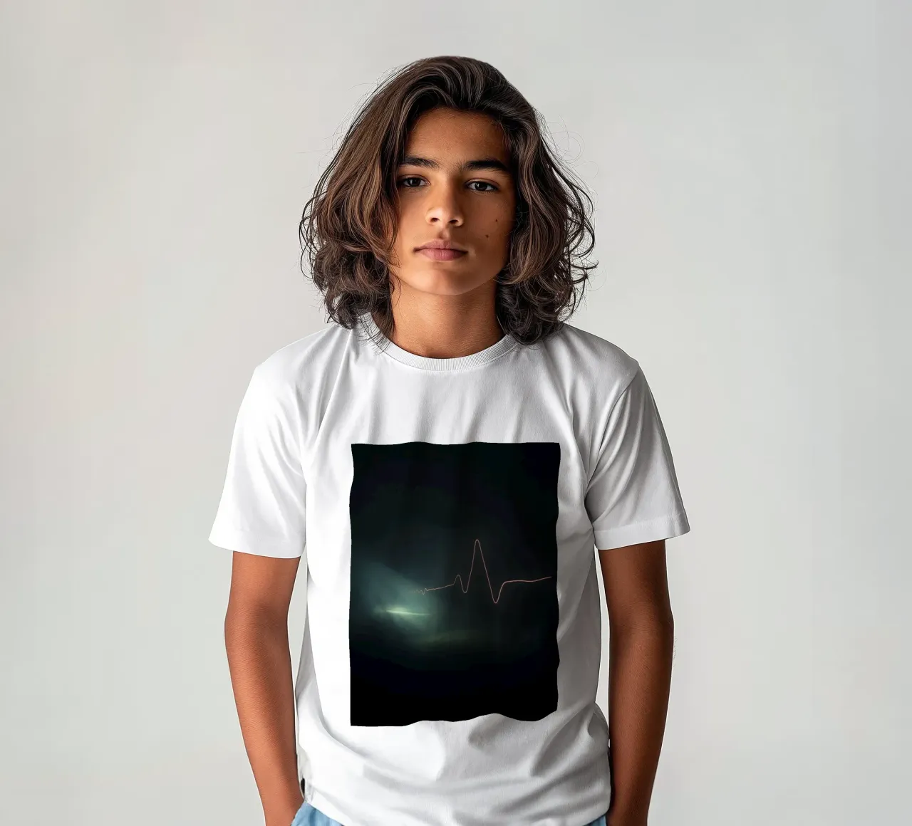 Light trails create a pulse waveform effect in a dark atmos kids t-shirt by DesignDoodle
