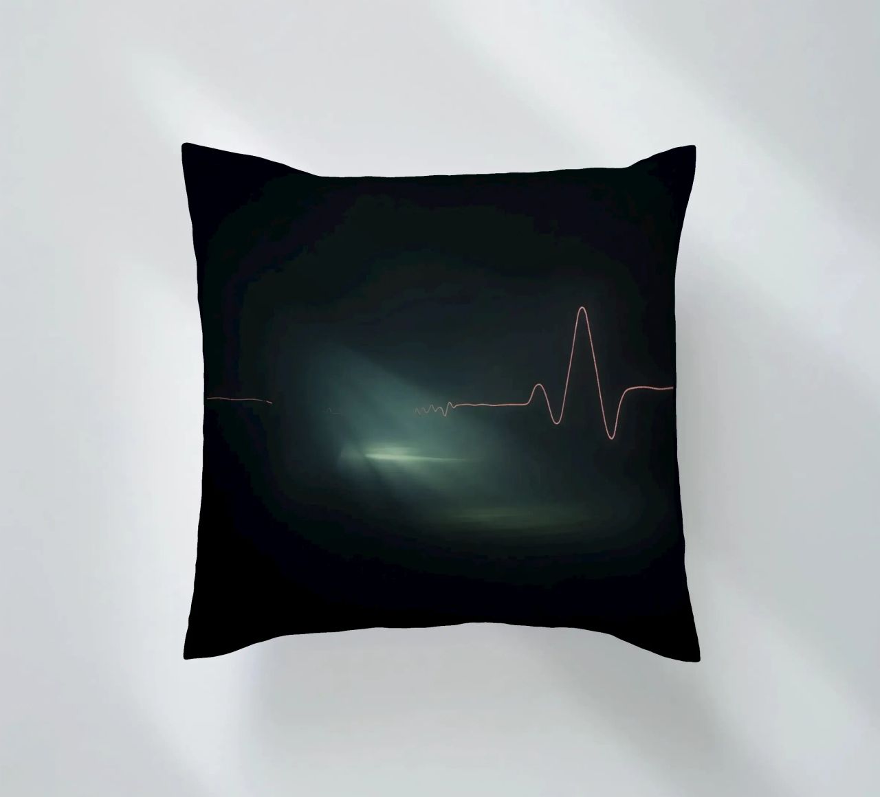 Light trails create a pulse waveform effect in a dark atmos decorative cushion by DesignDoodle