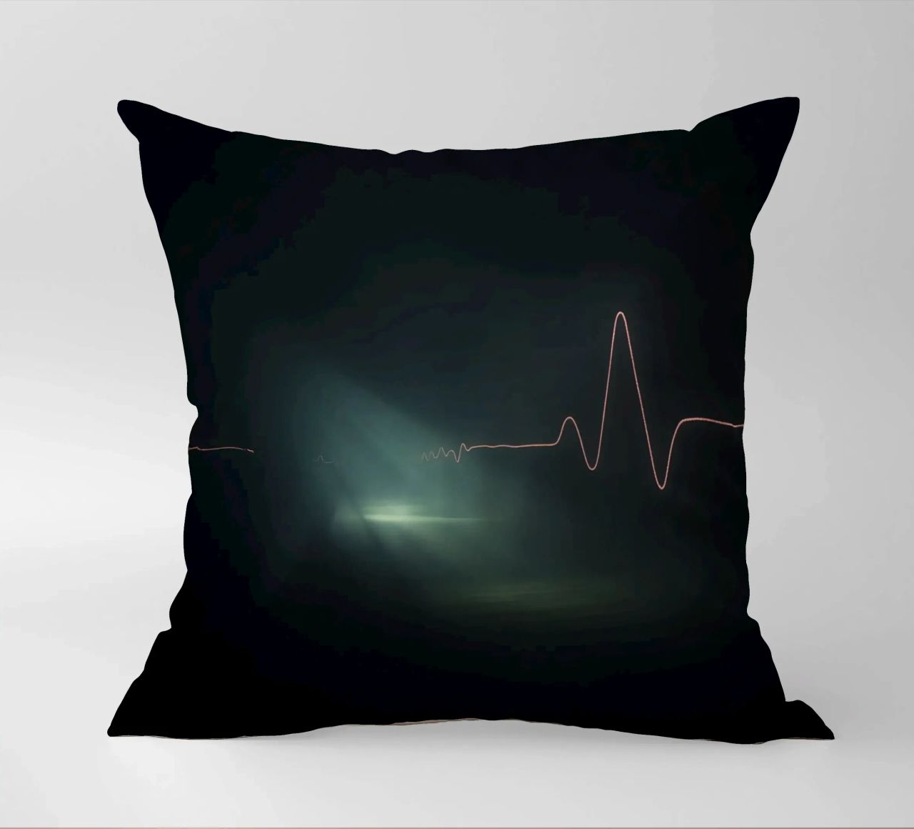 Light trails create a pulse waveform effect in a dark atmos decorative cushion by DesignDoodle