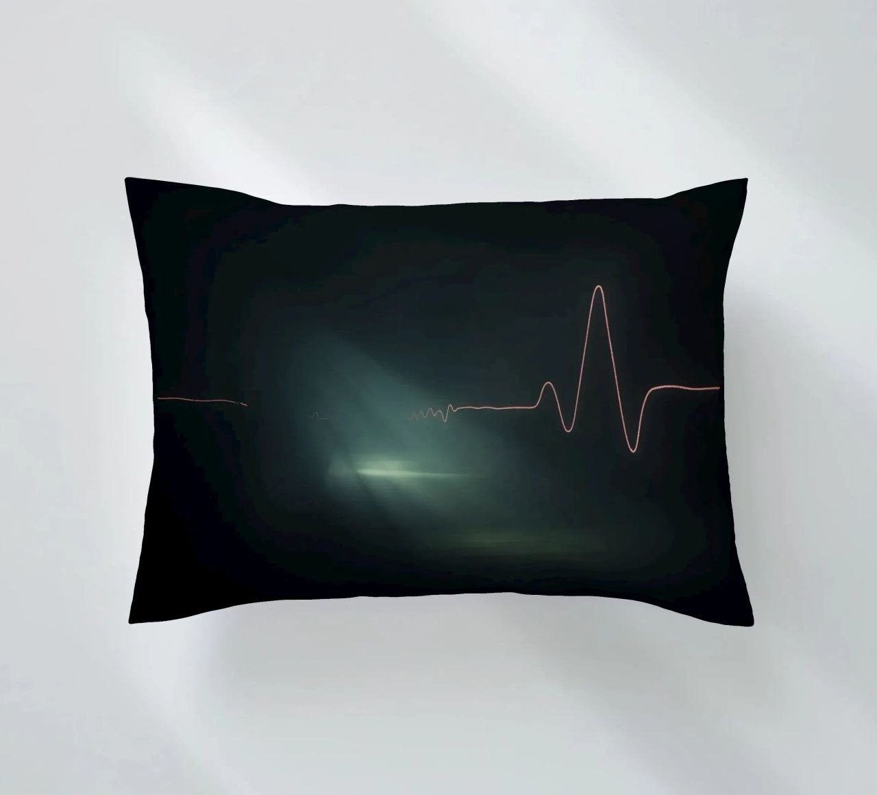 Light trails create a pulse waveform effect in a dark atmos decorative cushion by DesignDoodle