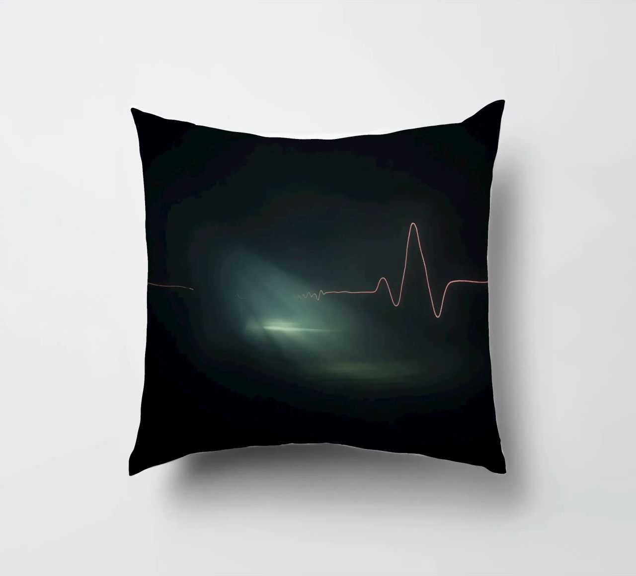 Light trails create a pulse waveform effect in a dark atmos decorative cushion by DesignDoodle