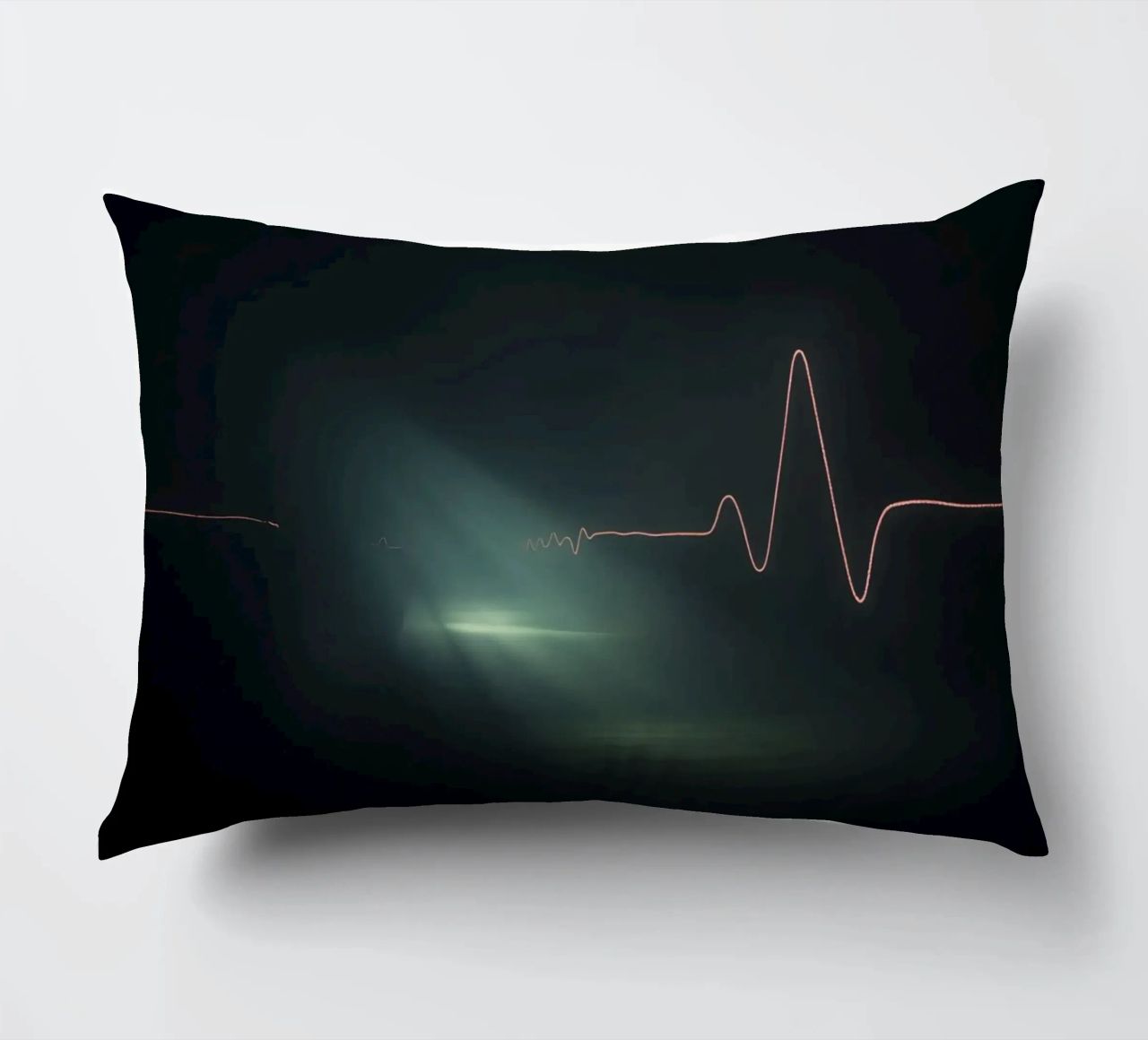 Light trails create a pulse waveform effect in a dark atmos decorative cushion by DesignDoodle