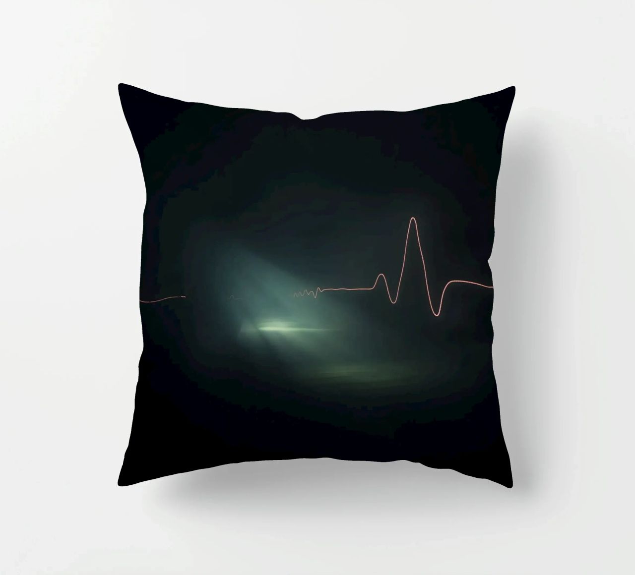 Light trails create a pulse waveform effect in a dark atmos decorative cushion by DesignDoodle