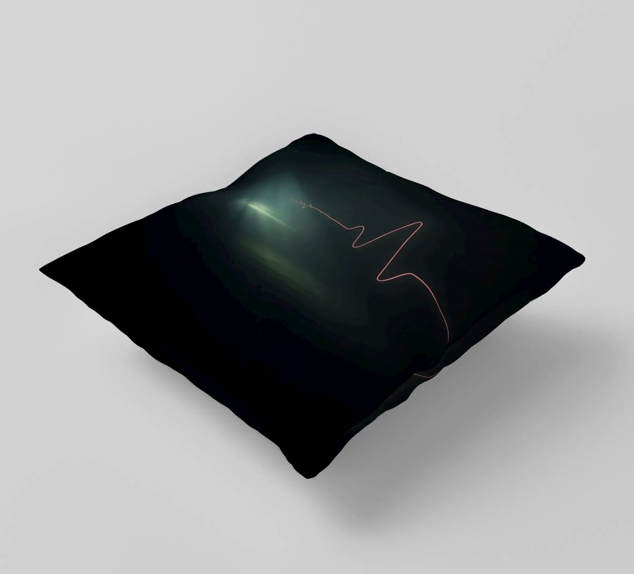 Light trails create a pulse waveform effect in a dark atmos decorative cushion by DesignDoodle