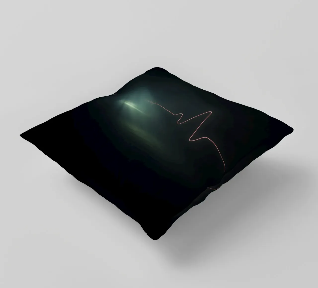 Le scie luminose creano un effetto di forma d'onda a impulsi in un'atmosfera buia. cuscino da DesignDoodle