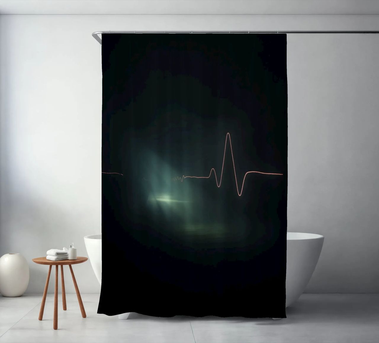 Light trails create a pulse waveform effect in a dark atmos shower curtain by DesignDoodle