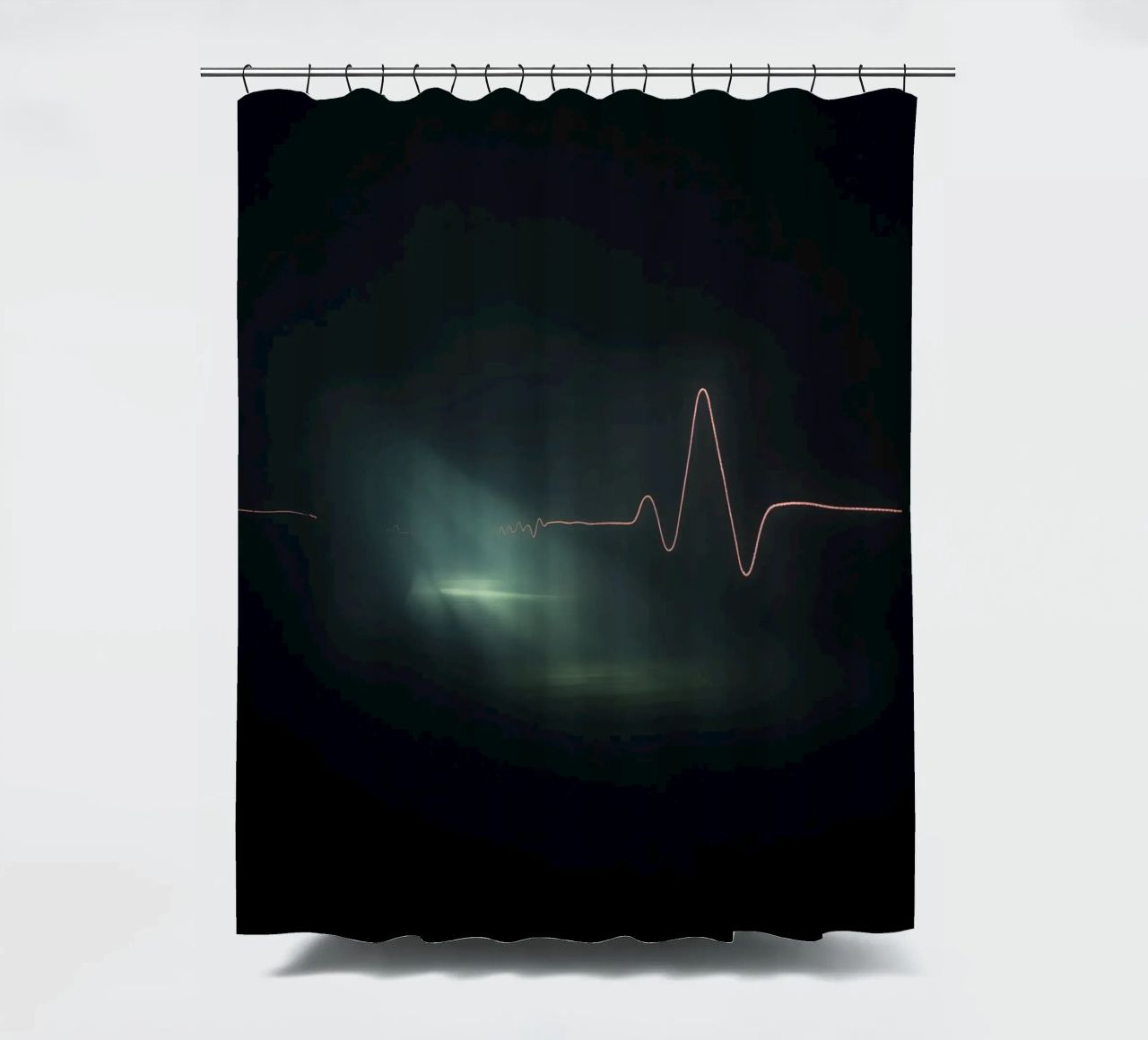 Light trails create a pulse waveform effect in a dark atmos shower curtain by DesignDoodle