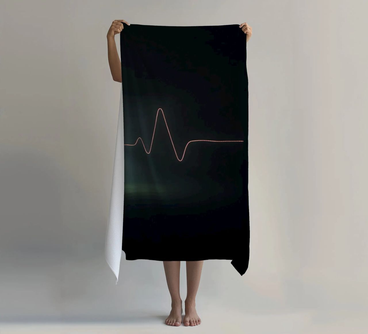 Light trails create a pulse waveform effect in a dark atmos beach towel by DesignDoodle