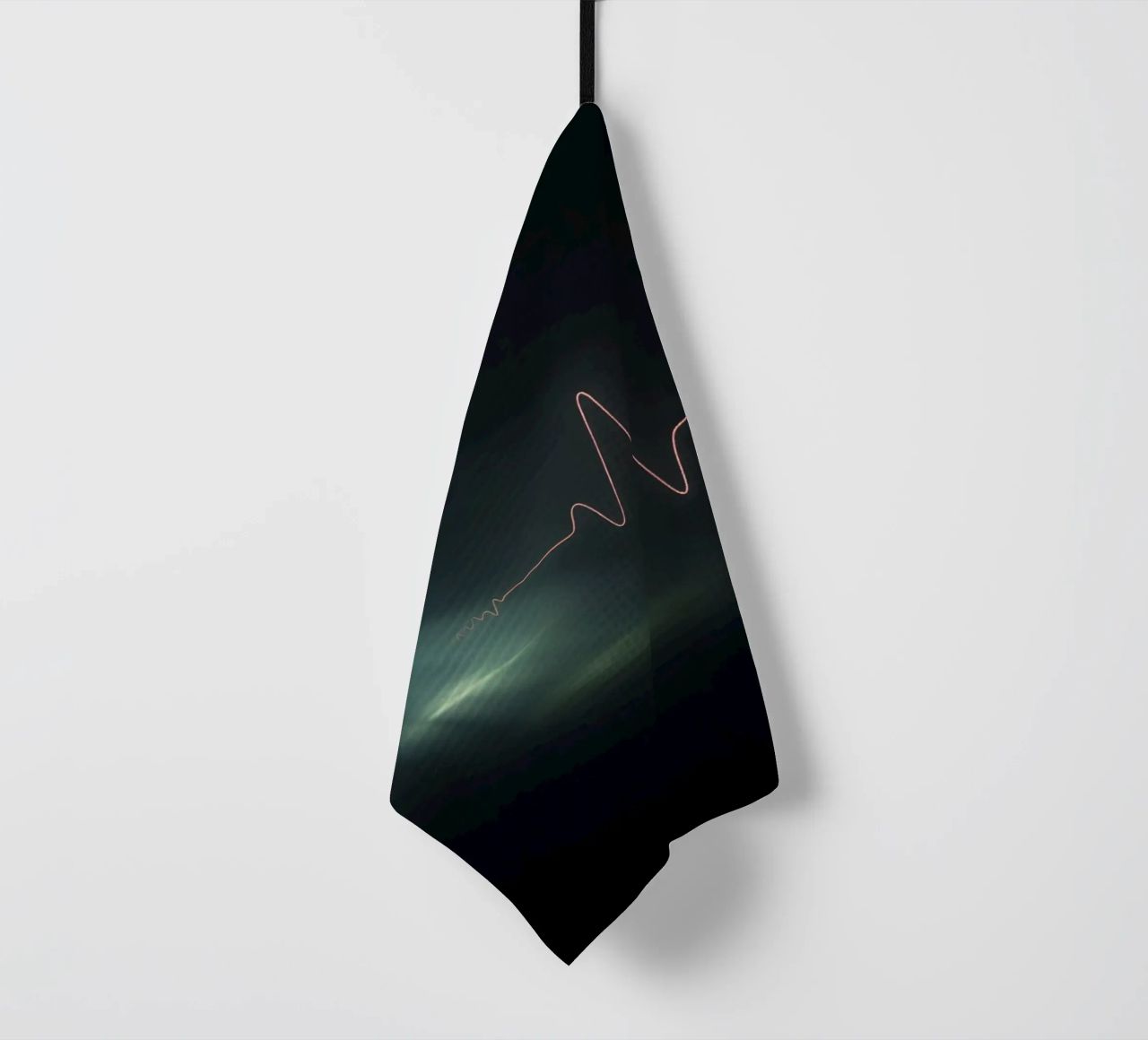 Light trails create a pulse waveform effect in a dark atmos tea towel by DesignDoodle