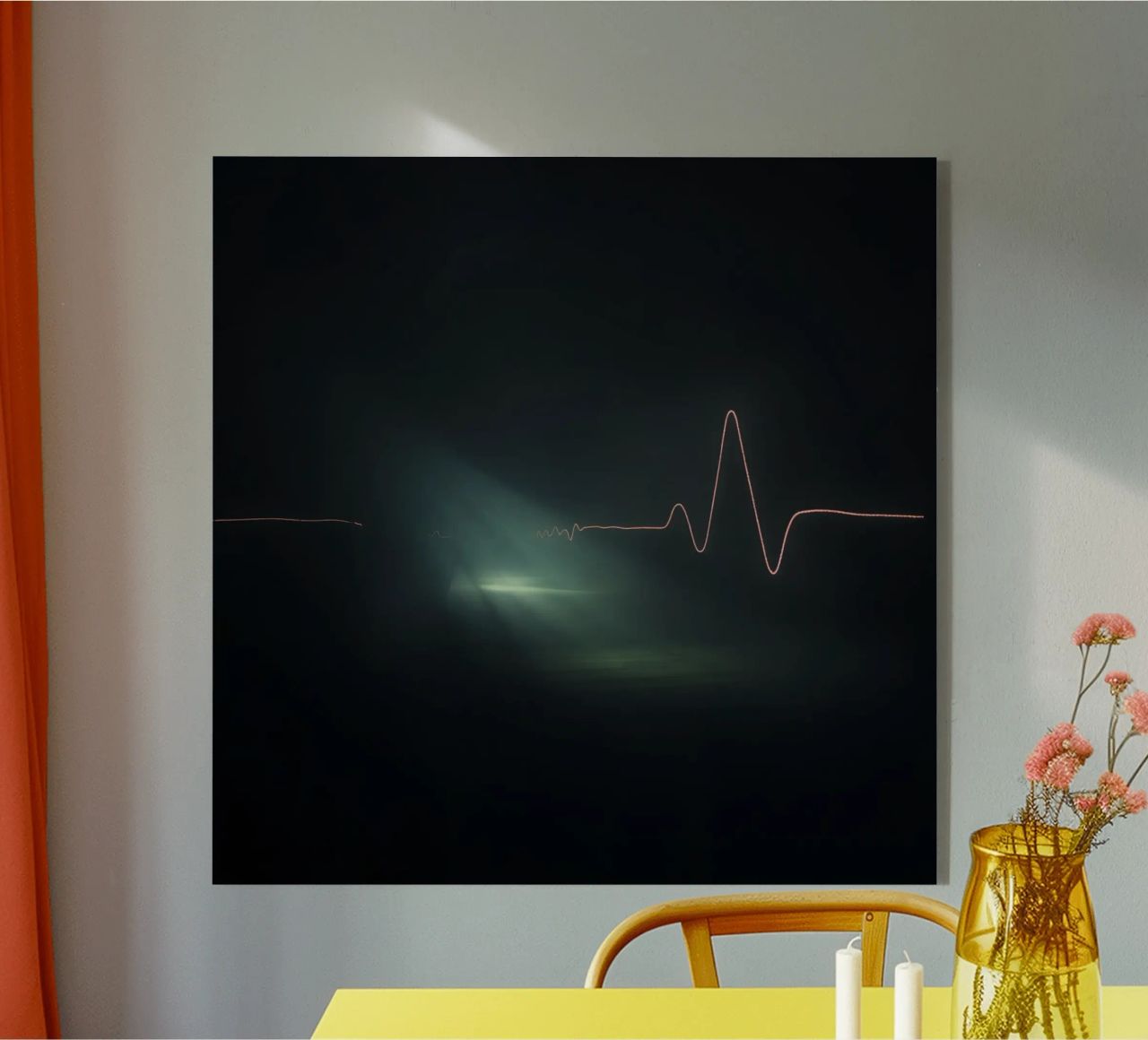 Light trails create a pulse waveform effect in a dark atmos acrylic glass by DesignDoodle