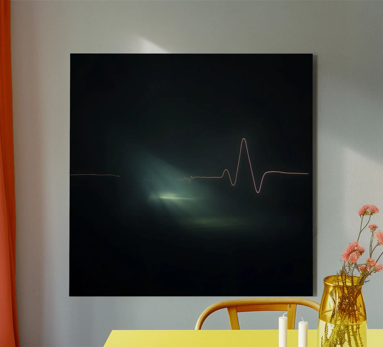 Light trails create a pulse waveform effect in a dark atmos alu-dibond by DesignDoodle