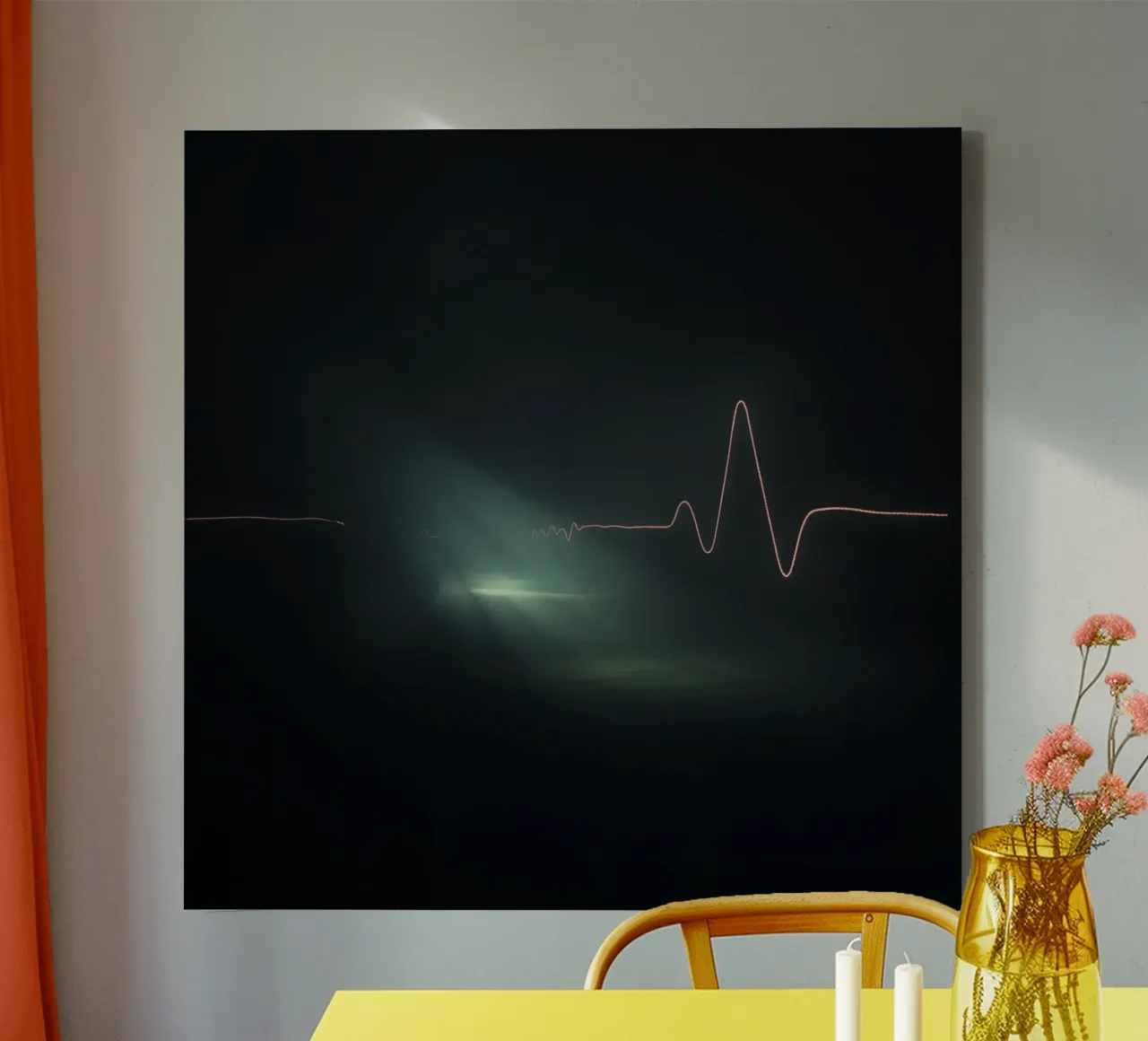 Le scie luminose creano un effetto di forma d'onda a impulsi in un'atmosfera buia. tela da DesignDoodle