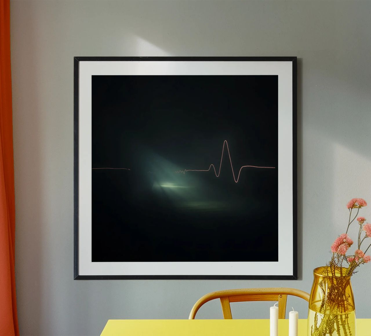 Light trails create a pulse waveform effect in a dark atmos hahnemühle by DesignDoodle