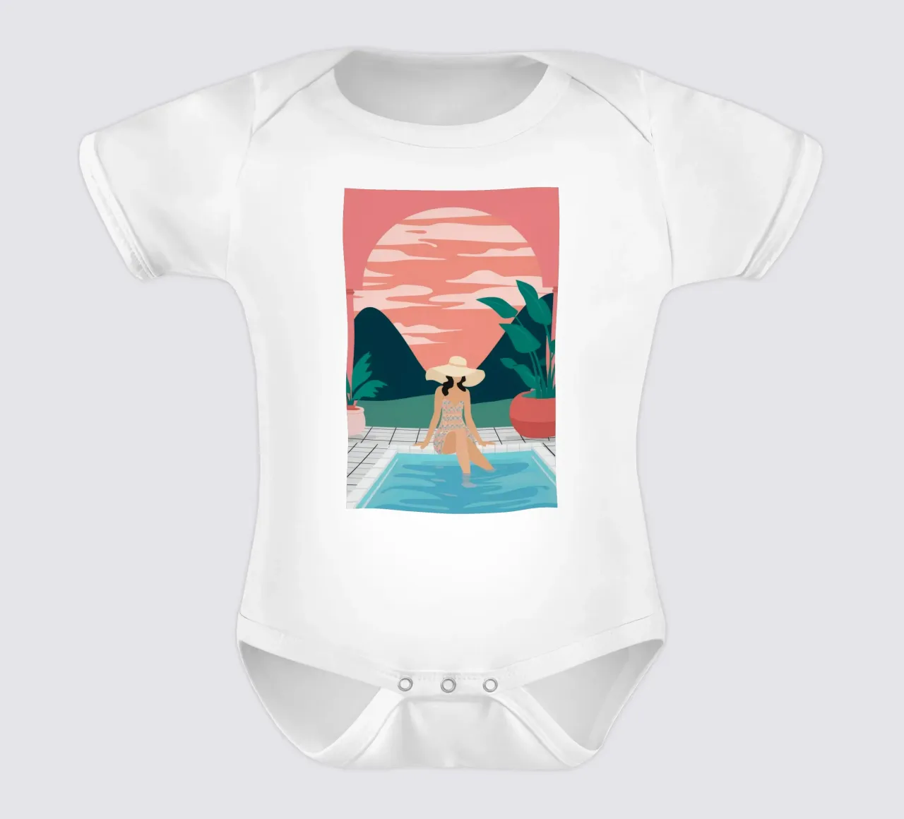 Sunset Poolside Solitude short-sleeve baby romper by Stone Patina