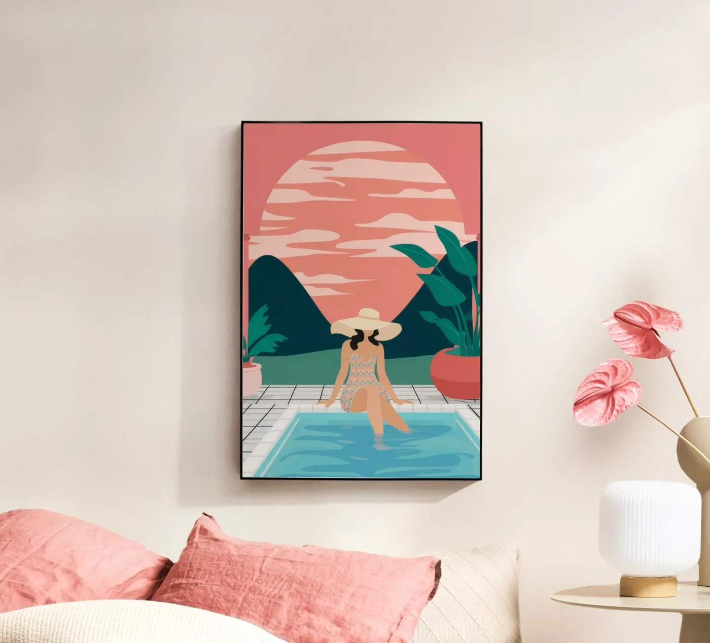 Zonsondergang aan het zwembad acryl van Stone Patina