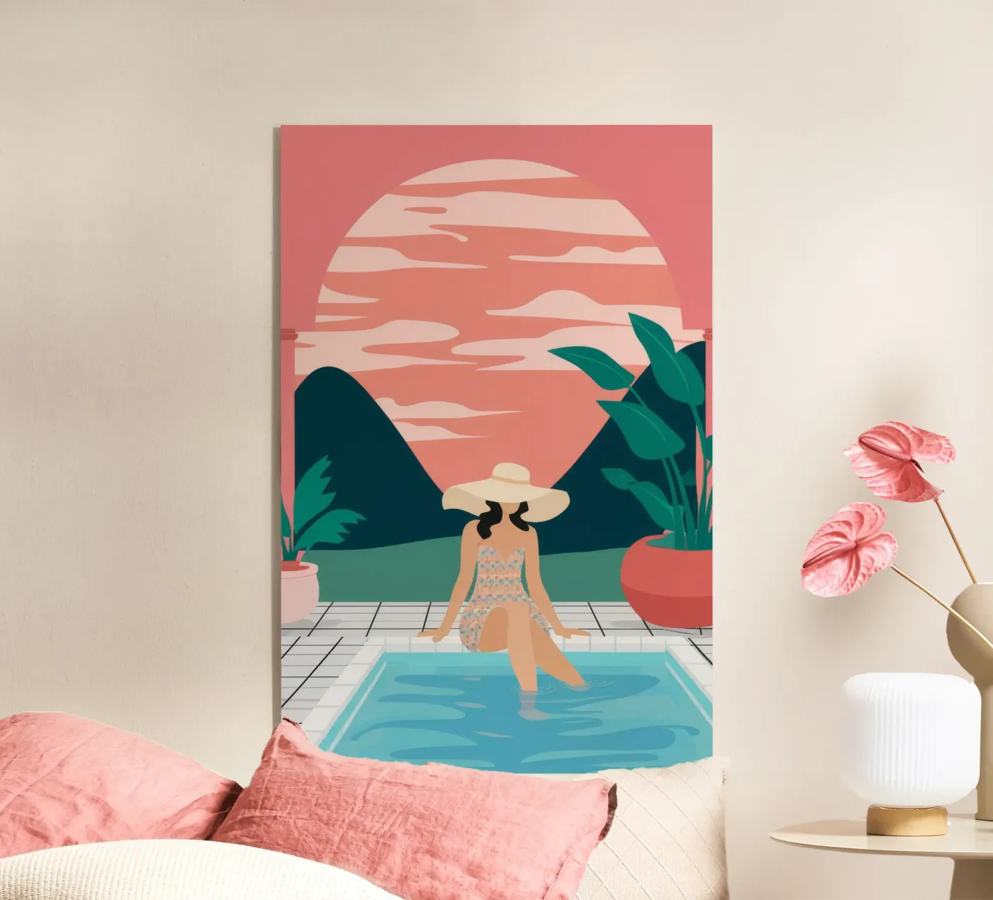 Zonsondergang aan het zwembad acryl van Stone Patina