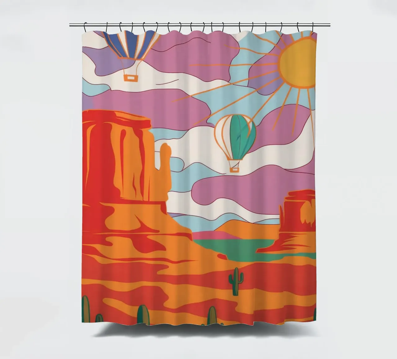 Cactus Balloon Sky shower curtain by Aurora Muse