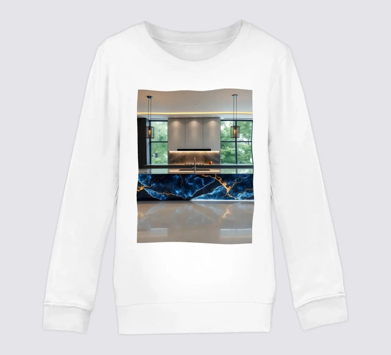 Cucina dal design moderno, caratterizzata da un'accattivante combinazione di nero e blu. felpa bambino da DesignDoodle