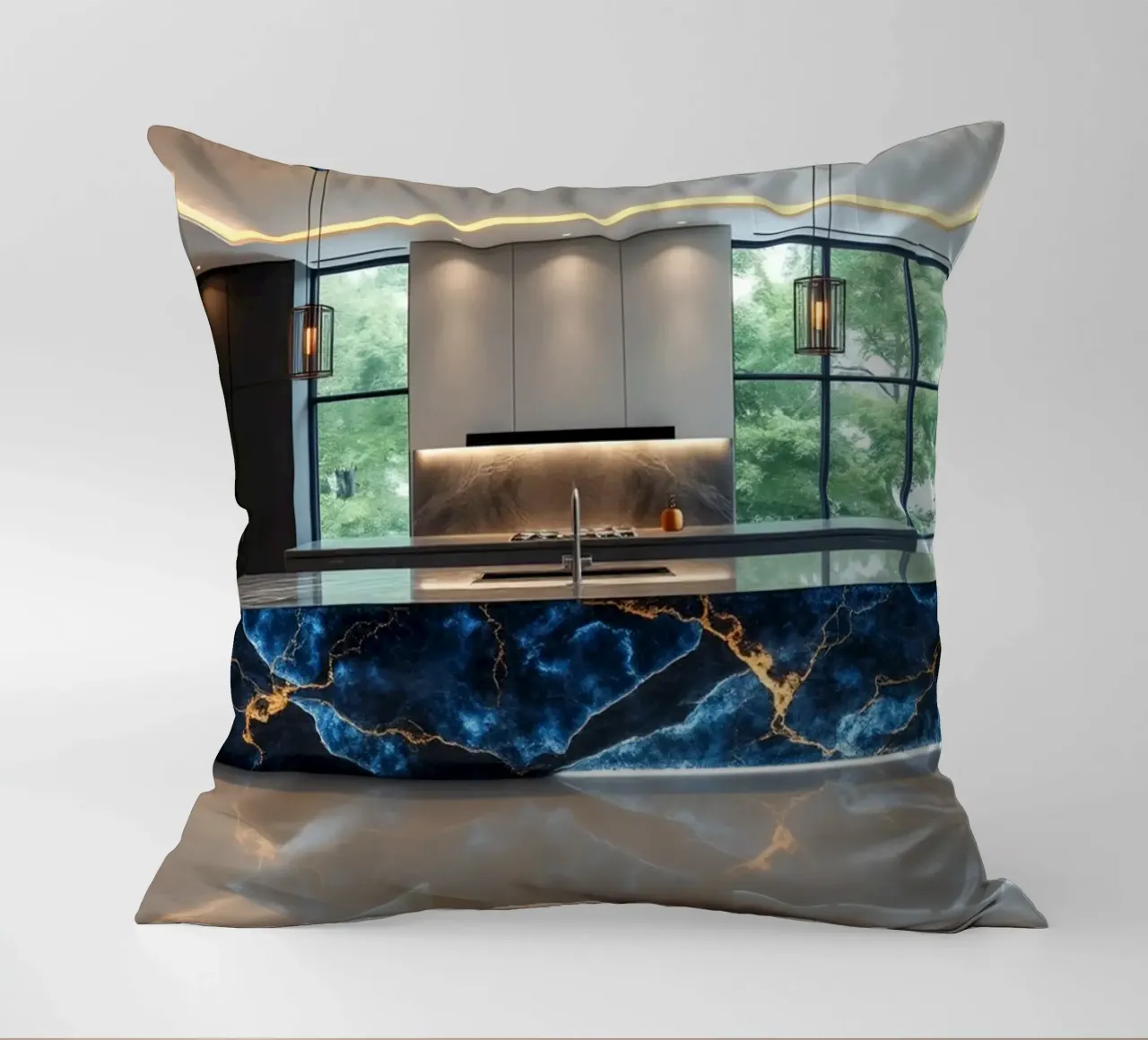 Cucina dal design moderno, caratterizzata da un'accattivante combinazione di nero e blu. cuscino da DesignDoodle