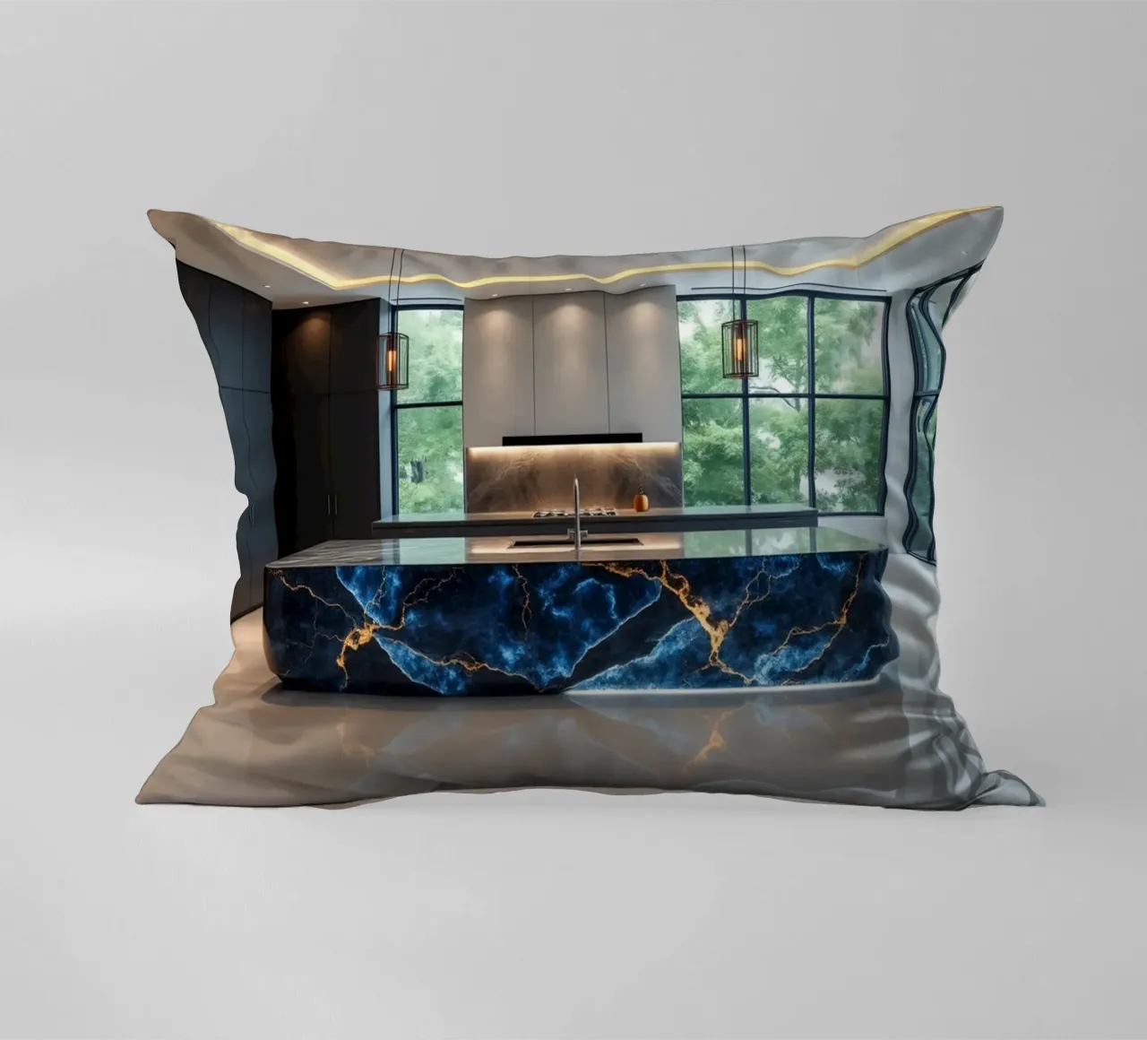 Cucina dal design moderno, caratterizzata da un'accattivante combinazione di nero e blu. cuscino da DesignDoodle