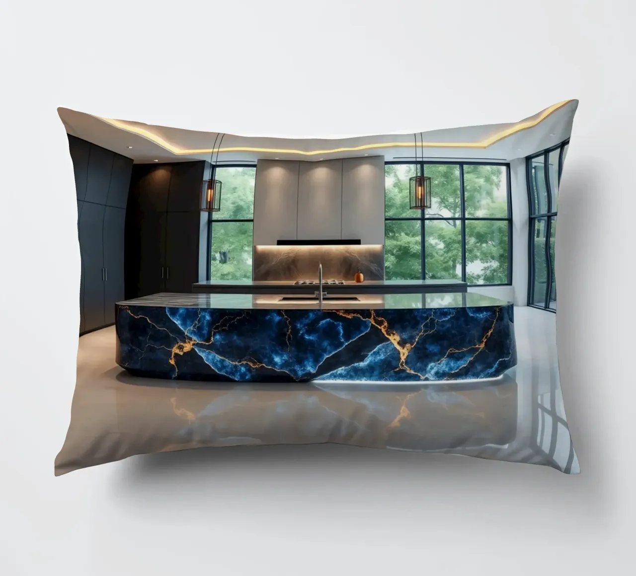Cucina dal design moderno, caratterizzata da un'accattivante combinazione di nero e blu. cuscino da DesignDoodle