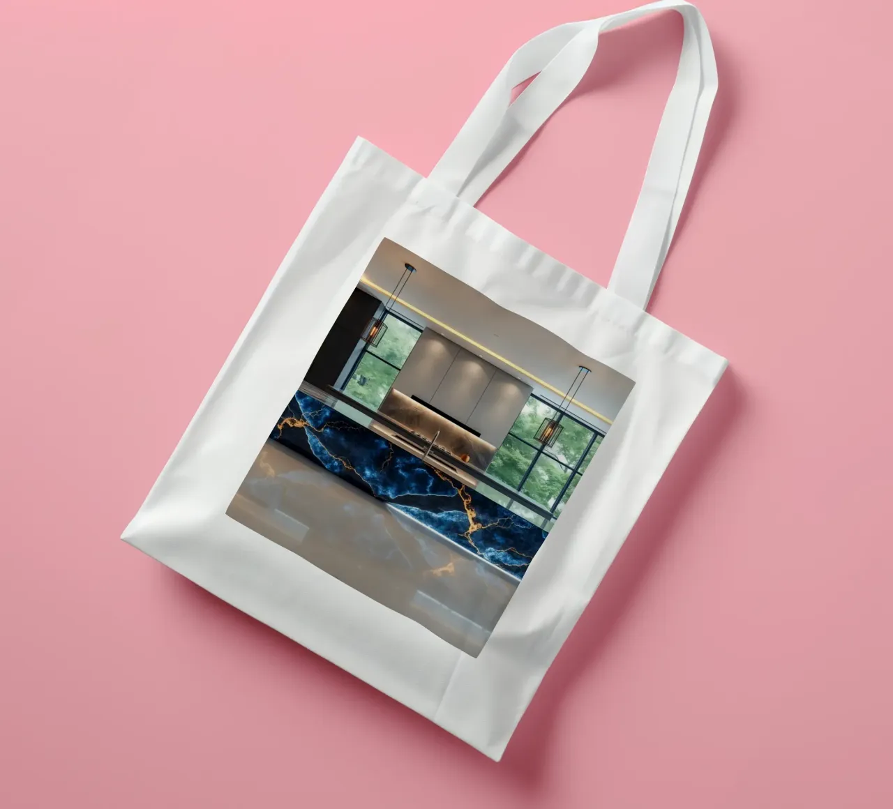 Cucina dal design moderno, caratterizzata da un'accattivante combinazione di nero e blu. borsa in juta da DesignDoodle