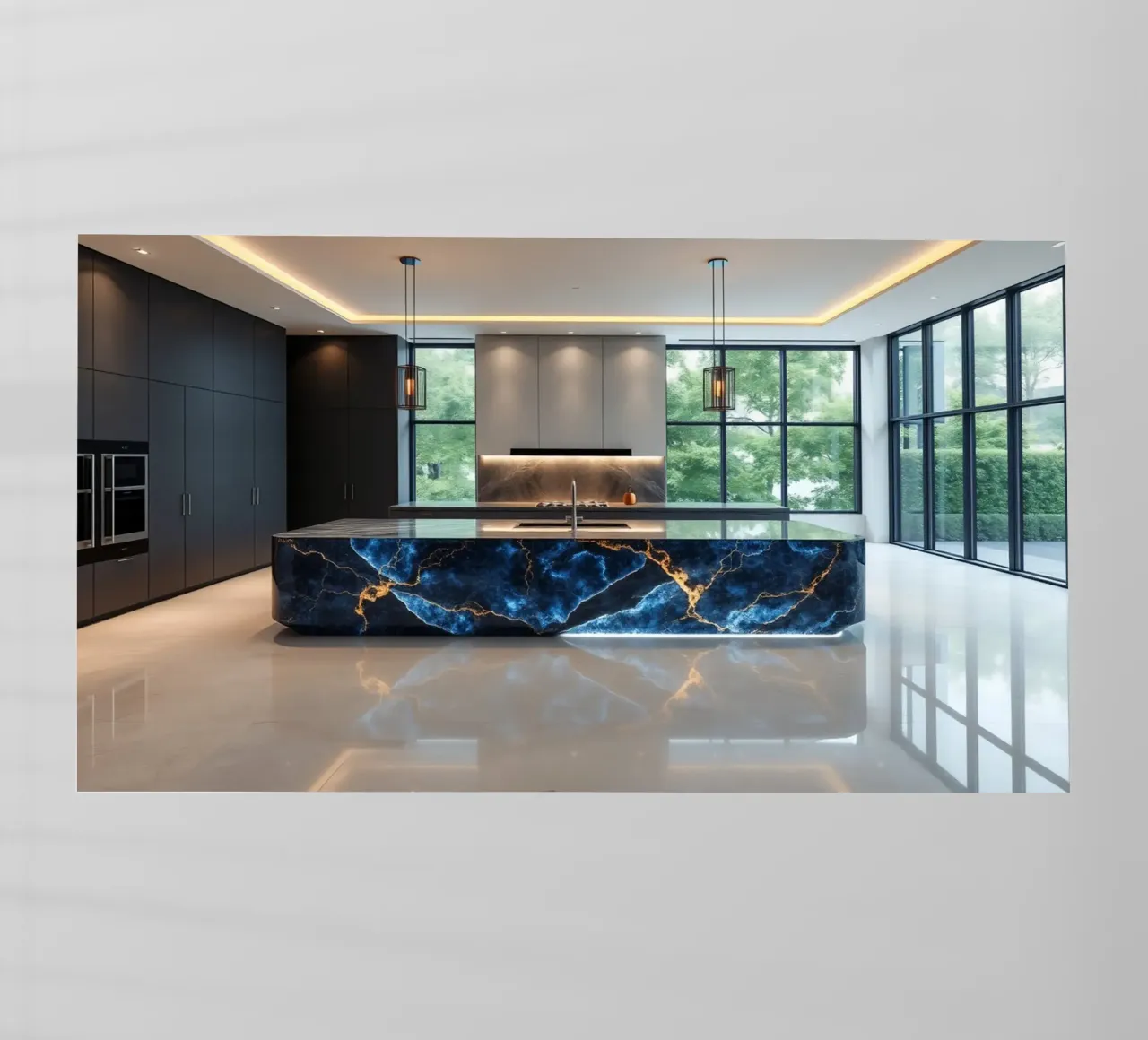 Cucina dal design moderno, caratterizzata da un'accattivante combinazione di nero e blu. pellicola backlit da DesignDoodle
