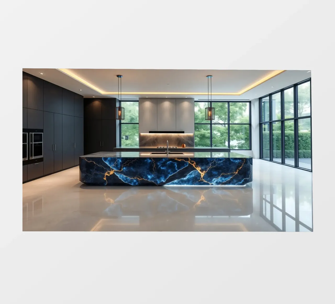 Cucina dal design moderno, caratterizzata da un'accattivante combinazione di nero e blu. pellicola backlit da DesignDoodle