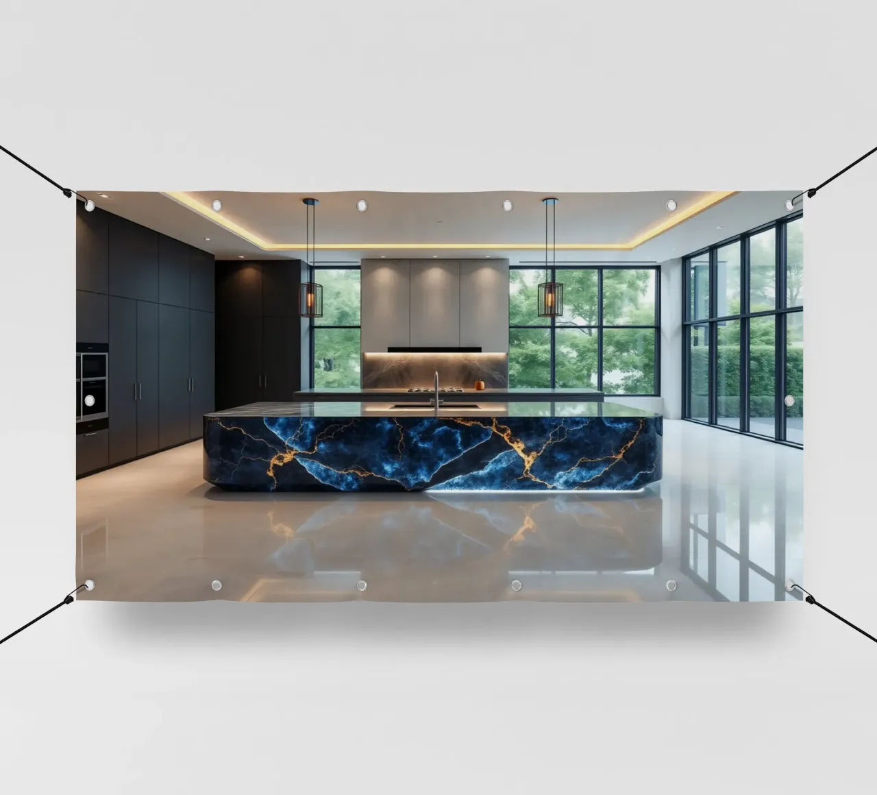 Cucina dal design moderno, caratterizzata da un'accattivante combinazione di nero e blu. telo in pvc da DesignDoodle