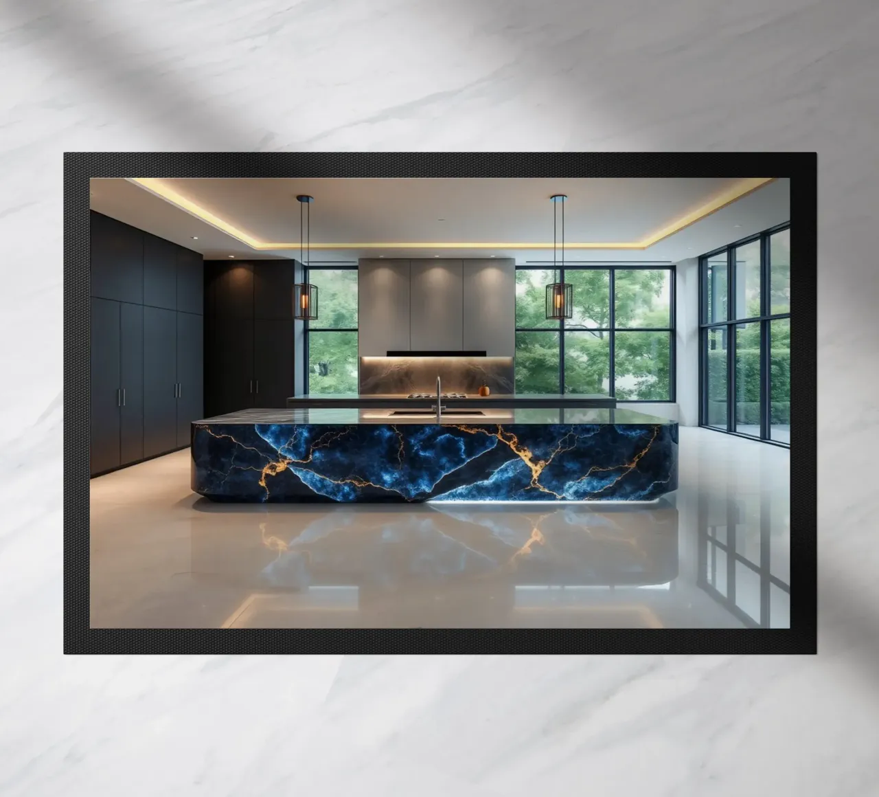 Cucina dal design moderno, caratterizzata da un'accattivante combinazione di nero e blu. zerbino da DesignDoodle