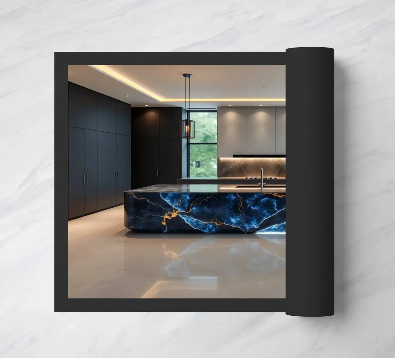 Cucina dal design moderno, caratterizzata da un'accattivante combinazione di nero e blu. zerbino da DesignDoodle