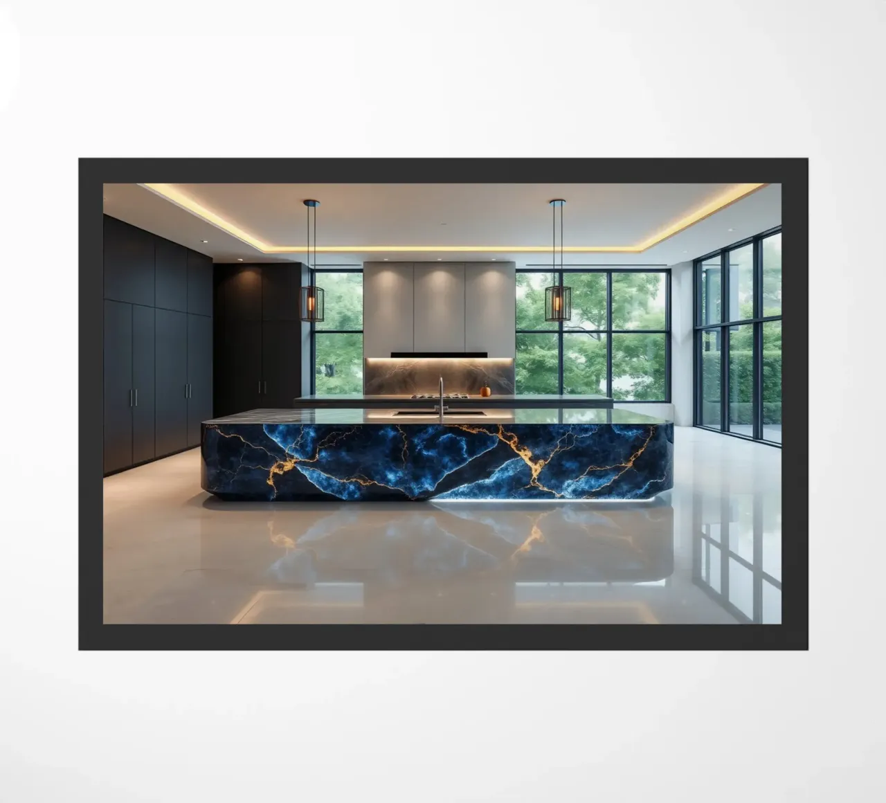 Cucina dal design moderno, caratterizzata da un'accattivante combinazione di nero e blu. zerbino da DesignDoodle