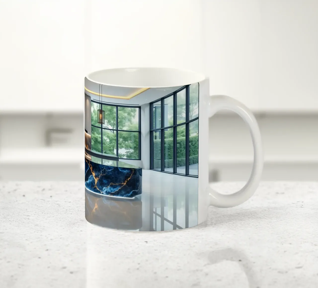 Cucina dal design moderno, caratterizzata da un'accattivante combinazione di nero e blu. tazza in ceramica da DesignDoodle