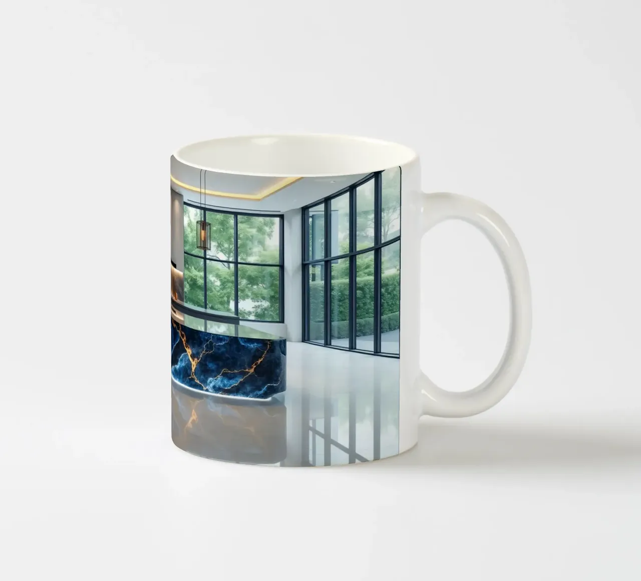 Cucina dal design moderno, caratterizzata da un'accattivante combinazione di nero e blu. tazza in ceramica da DesignDoodle