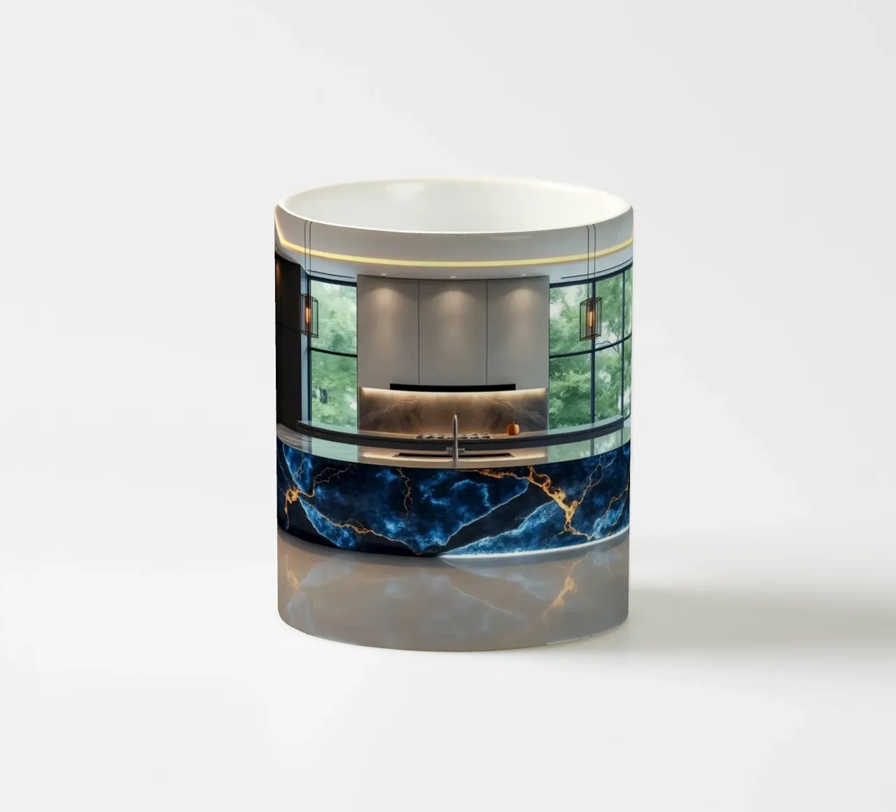 Cucina dal design moderno, caratterizzata da un'accattivante combinazione di nero e blu. tazza in ceramica da DesignDoodle