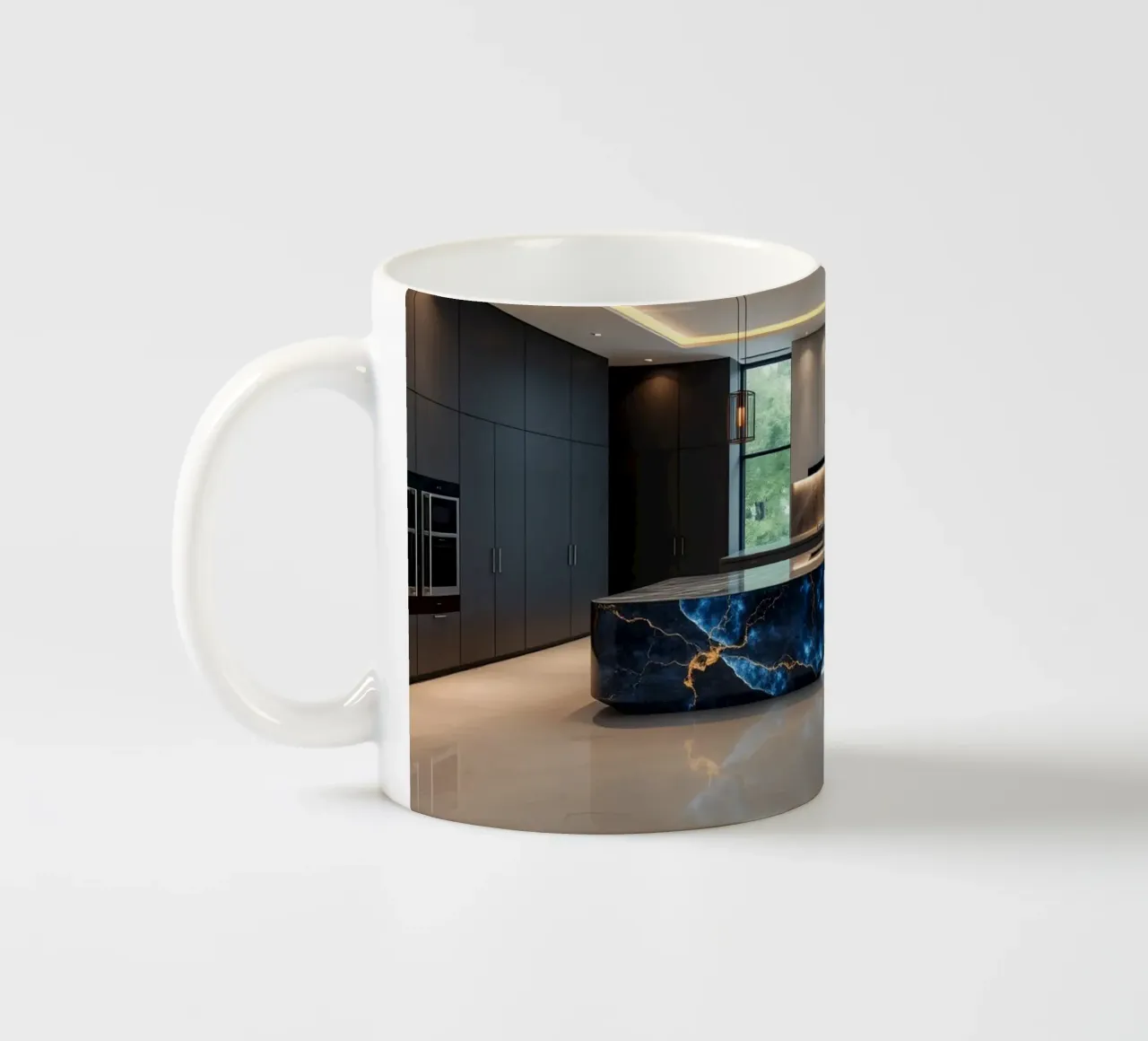 Cucina dal design moderno, caratterizzata da un'accattivante combinazione di nero e blu. tazza in ceramica da DesignDoodle