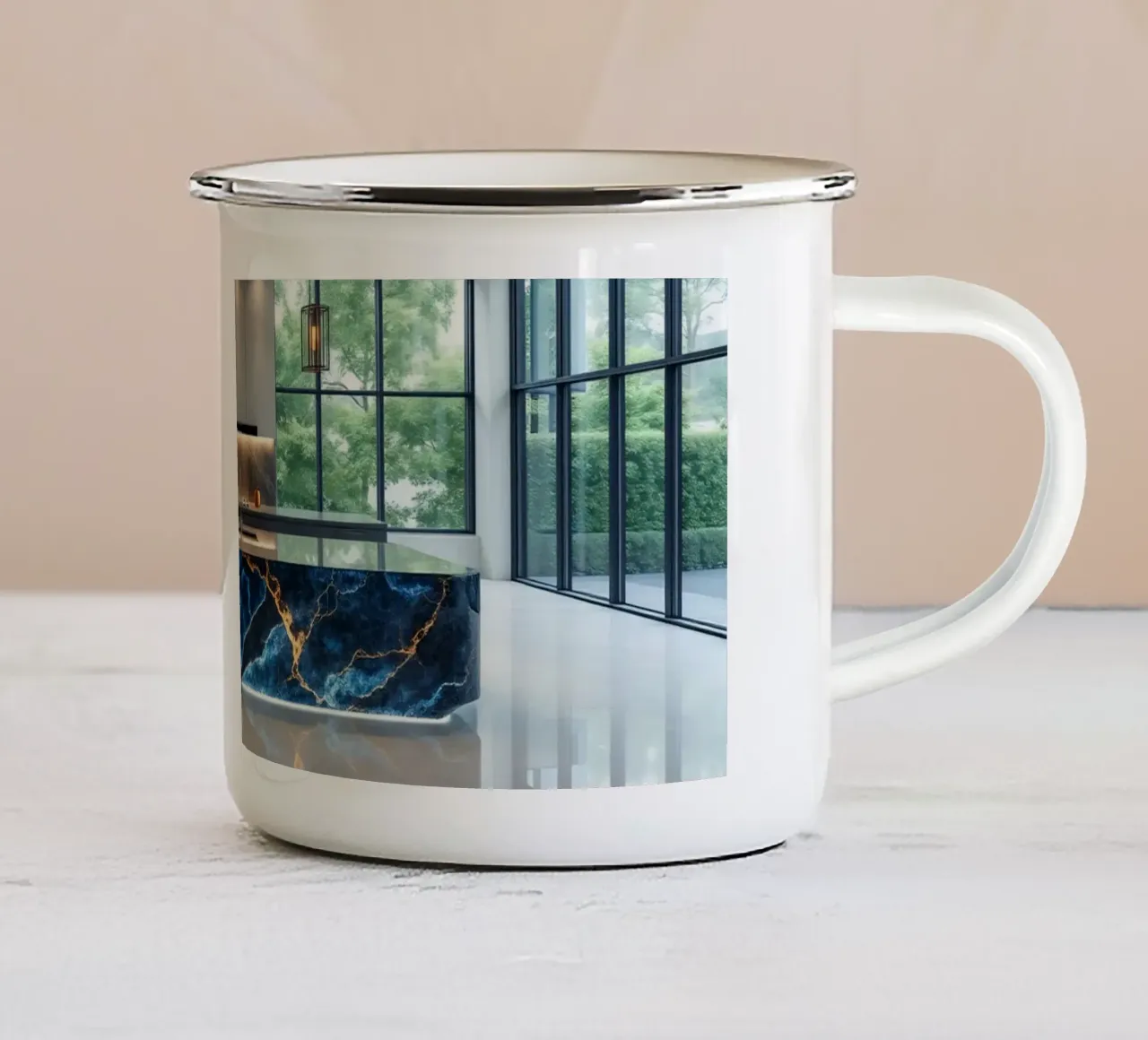 Cucina dal design moderno, caratterizzata da un'accattivante combinazione di nero e blu. tazza in smalto da DesignDoodle