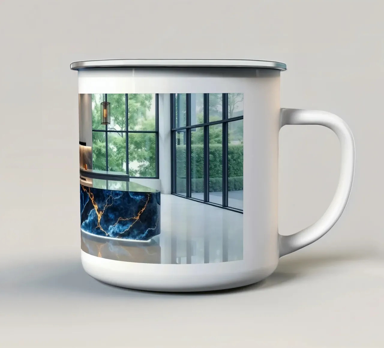 Cucina dal design moderno, caratterizzata da un'accattivante combinazione di nero e blu. tazza in smalto da DesignDoodle